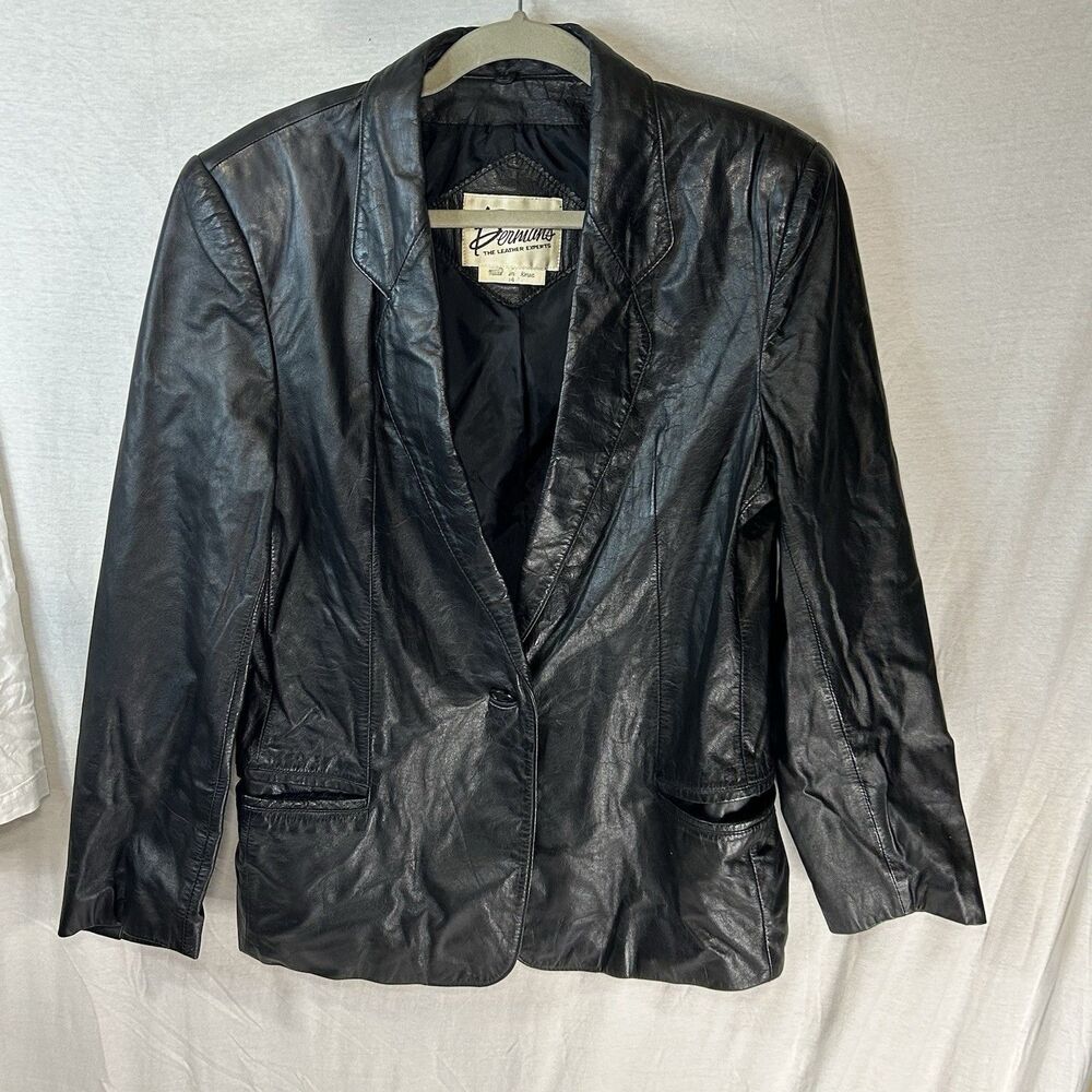 Vintage 80s Bermans Womens Black Leather Jacket 1 Button‎ Front Size 14 Retro